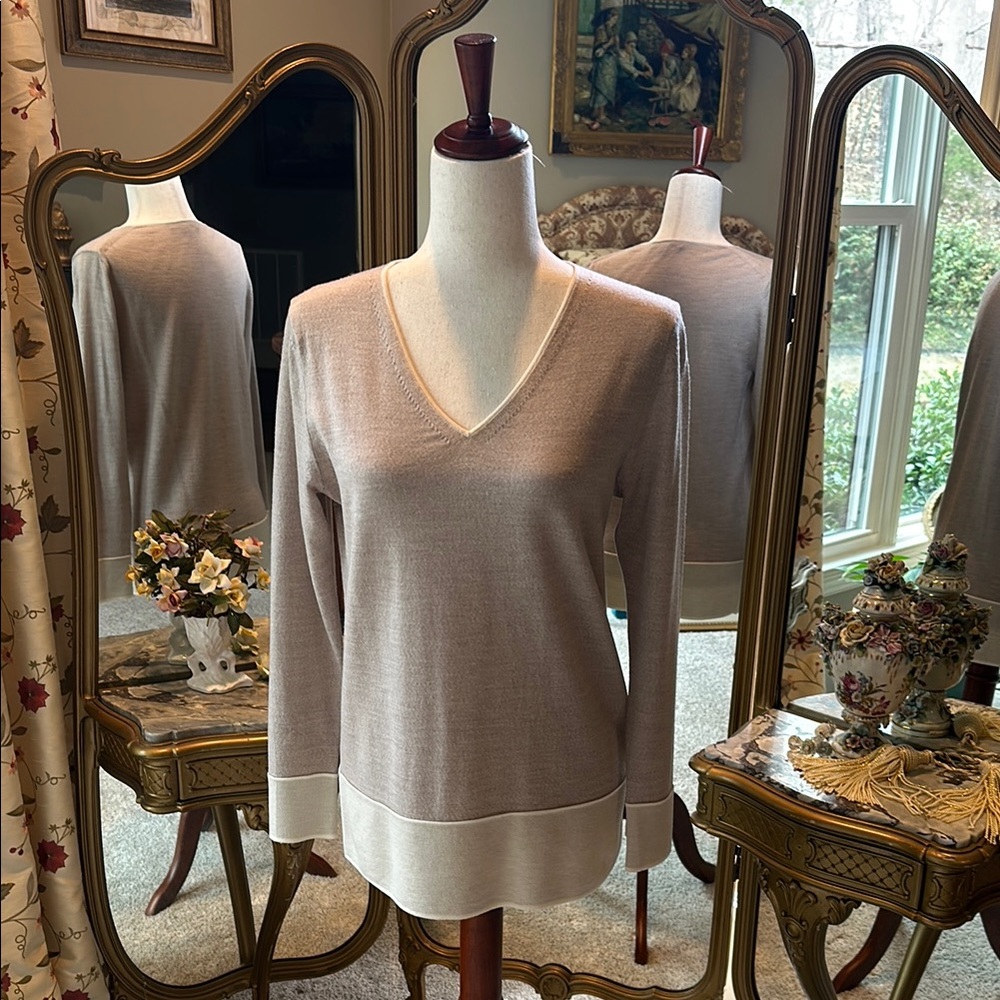 Cream V-Neck Sweater Lightweight Relaxed Fit